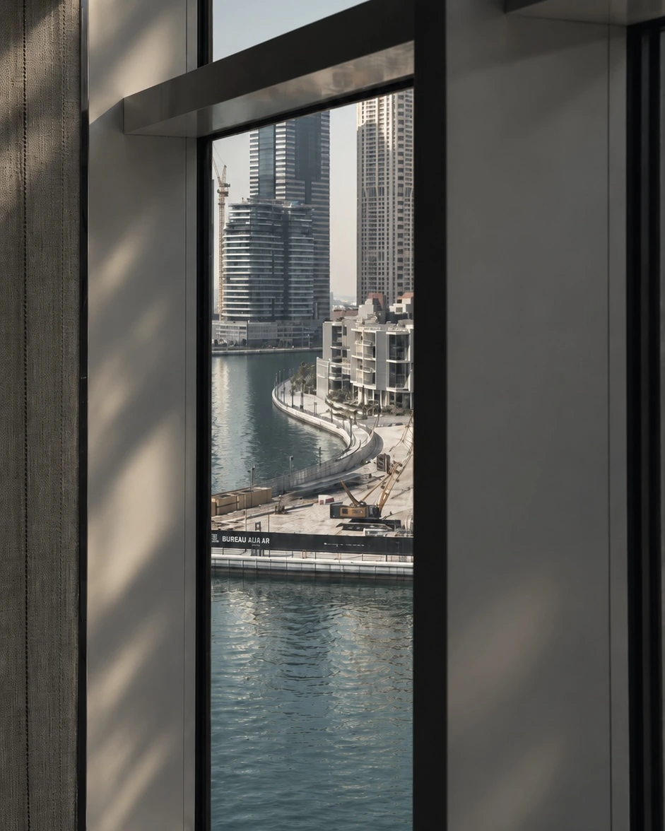 View of the Dubai waterfront framed by the office window